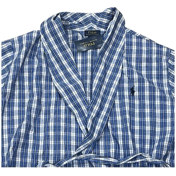 Polo Ralph Lauren Robe Mens S Blue Plaid Cotton Shawl Collar Belted Sleepwear